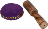 Yoni singing bowl with purple cushion and wooden mallet, brass rim