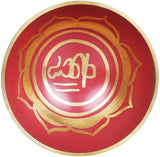 Brass Tibetan singing bowl interior in red with lotus and mantra design