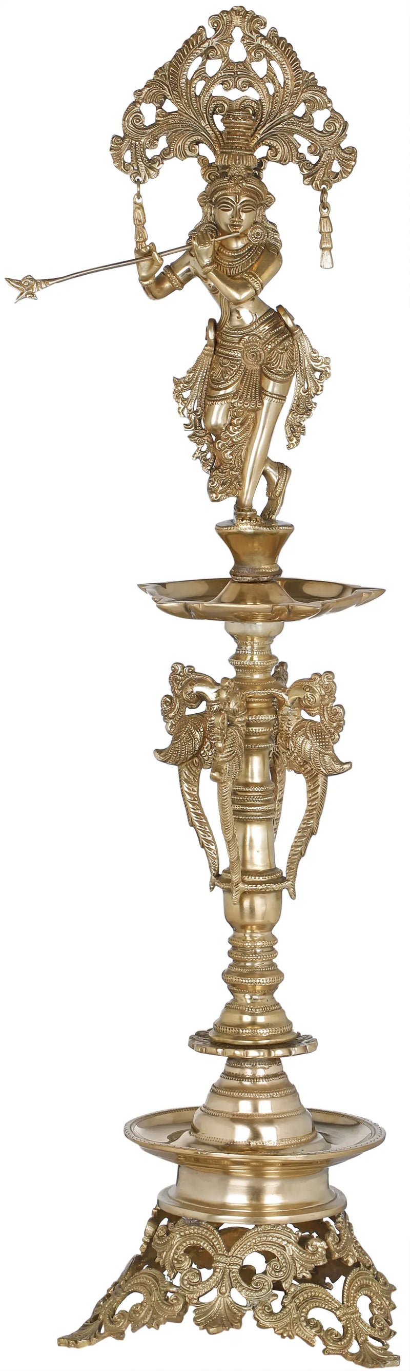 Brass Beautiful Large Krishna Diya Lamp (Height: 28 inches)