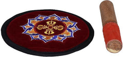 Red base mat with blue-gold mandala for singing bowl, with wooden mallet