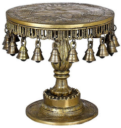 Brass ritual chowki with hanging bells; ornate stand and circular top, 26.5 in