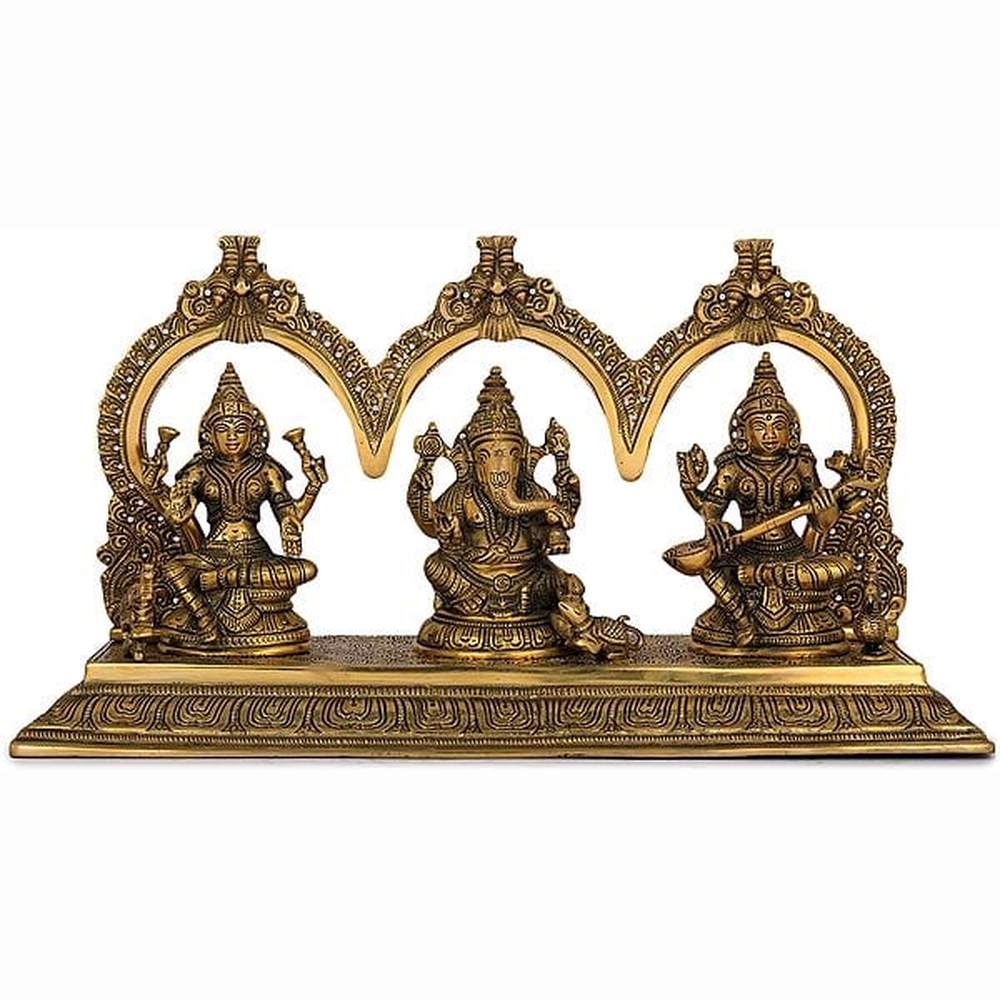 Brass Lakshmi, Ganesha & Saraswati Maa figurines with ornate frame, 8 in