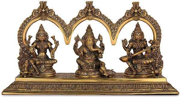 Handmade Lakshmi, Ganesha, and Saraswati in Brass, 8 inches.