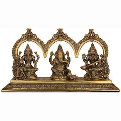 Brass Lakshmi, Ganesha & Saraswati Maa figurines with ornate frame, 8 in