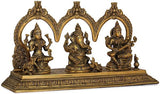 Brass Maa trio (Lakshmi, Ganesha, Saraswati) seated in arched frame