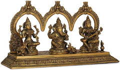 Brass Maa trio (Lakshmi, Ganesha, Saraswati) seated in arched frame