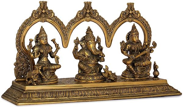 Brass Lakshmi Maa Ganesha, and Saraswati Maa with frame (Height: 8 inches) Study Setting