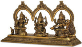 Brass Lakshmi Ganesha & Saraswati Maa seated with arches and carved base
