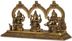 Brass Lakshmi Ganesha & Saraswati Maa seated with arches and carved base