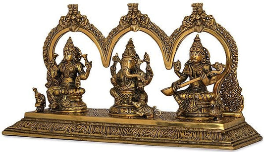 Handmade Lakshmi, Ganesha, and Saraswati in Brass, 8 inches.