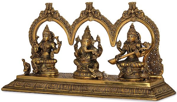 Brass Lakshmi Maa Ganesha, and Saraswati Maa with frame (Height: 8 inches)