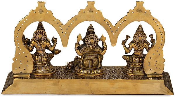 Brass Lakshmi Maa Ganesha, and Saraswati Maa with frame (Height: 8 inches)