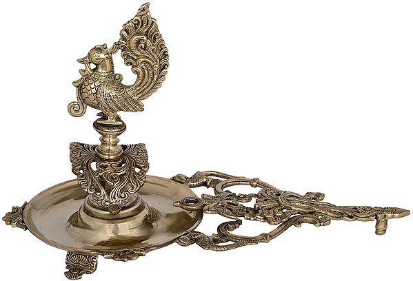 Fine Quality Brass Handheld Peacock Aarti (Height: 9 Inches)