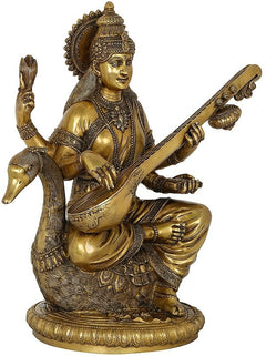 AONA brass Saraswati sculpture playing veena on ornate lotus pedestal