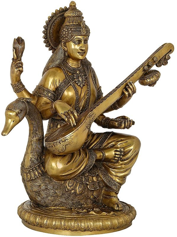 Brass Sculpture of Goddess Saraswati 24 inches Entryway Setting