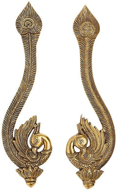 Brass peacock door handle pair with ornate crest detailing, 13-inch height