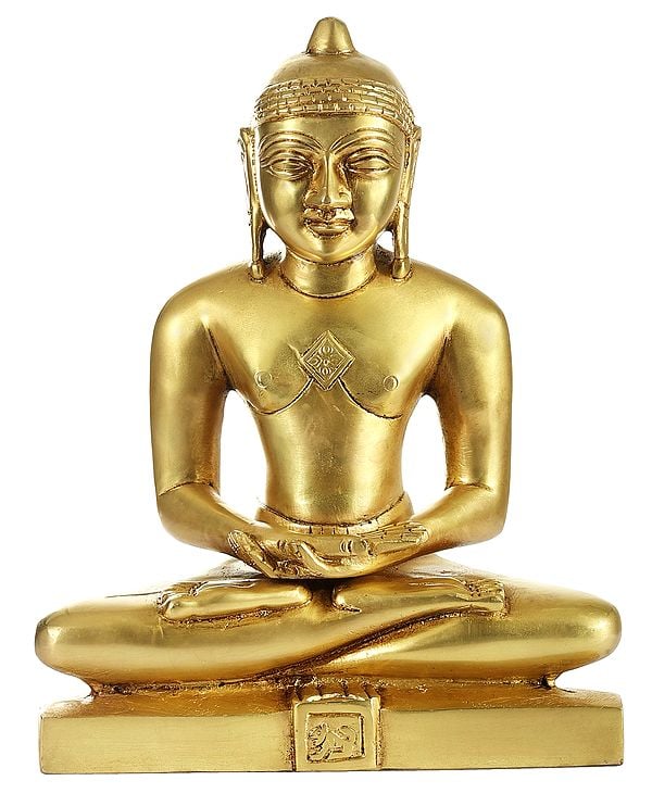 Brass Jain Tirthankara statue, seated in meditation with hands folded on a base