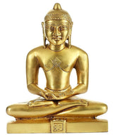 Brass Jain Tirthankara statue, seated in meditation with hands folded on a base