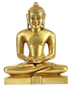 Brass Jain Tirthankara statue, seated in meditation with hands folded on a base