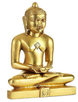 Brass Jain Tirthankara statue, front view with calm face and hands crossed on base