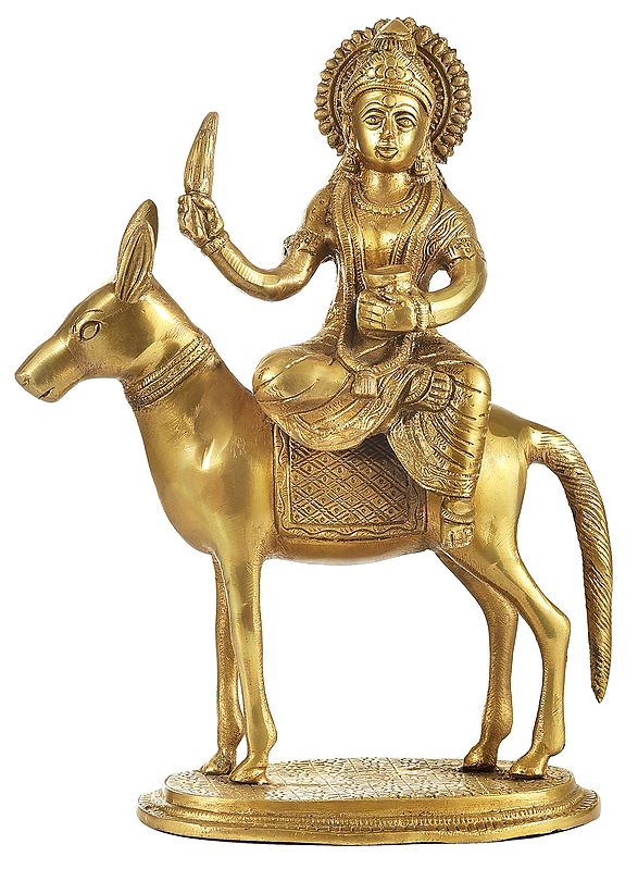 Brass Shitala Mata Seated on a Donkey Idol (Height :12 Inches)