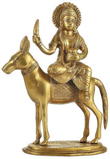Brass Shitala Mata statue on donkey idol, seated posture, detailed crown and jewelry