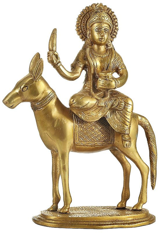 Brass Shitala Mata Seated on a Donkey Idol (Height :12 Inches)