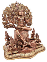 Dakshinamurti Shiva brass statue, raised hands, leaf-like circular halo