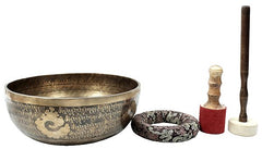 Brass Buddhist singing bowl set: bowl, wooden mallet, patterned cushion, 5.5 in