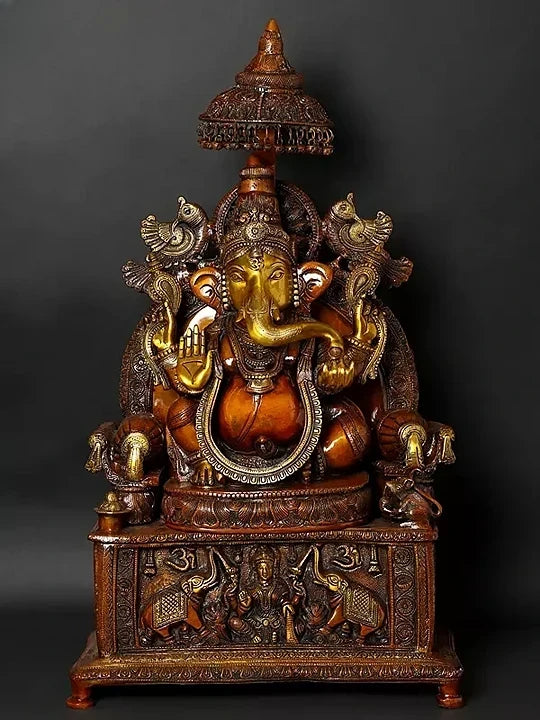 AONA Brass Superfine Large King Ganesha with Gaja Lakshmi Carved in Pedestal Sculpture 