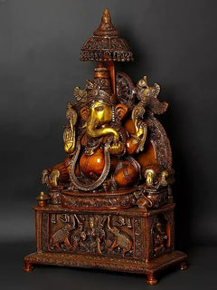 Brass Gaja Lakshmi and Ganesha carved pedestal statue, side front view