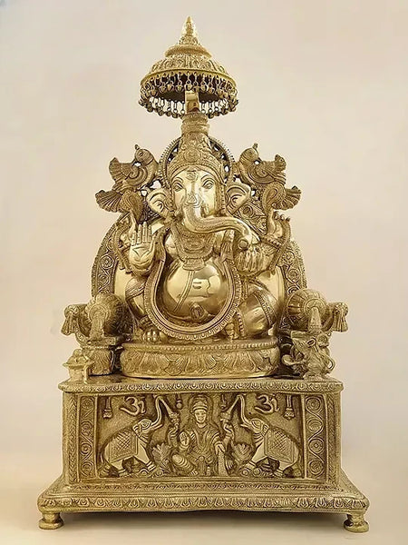 Brass Superfine Large King Ganesha with Gaja Lakshmi Carved in Pedestal Sculpture (Height 34 Inches)