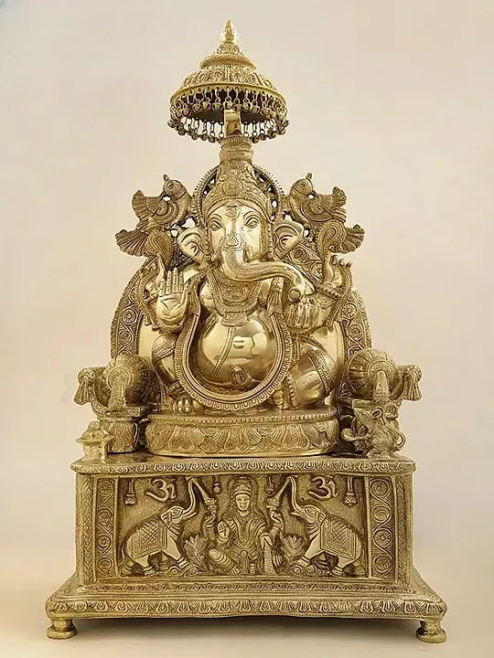 Brass Superfine Large King Ganesha with Gaja Lakshmi Carved in Pedestal Sculpture (Height 34 Inches)