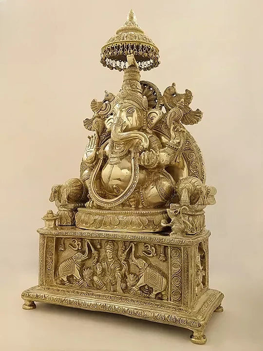 Brass Superfine Large King Ganesha with Gaja Lakshmi Carved in Pedestal Sculpture (Height 34 Inches) Entryway Setting