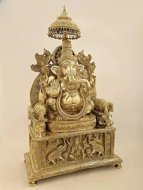 Brass Superfine Large King Ganesha with Gaja Lakshmi Carved in Pedestal Sculpture (Height 34 Inches) Study Setting