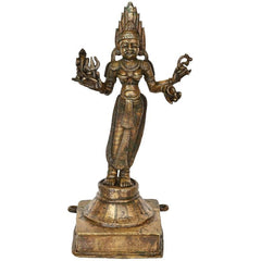 Handmade brass Kali goddess idol with crown, multiple arms, standing on pedestal base