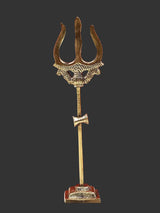 Brass small trishul figurine on upright staff with cross emblem and base