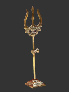 Brass small trishul on square base with trident top and detailed center prong