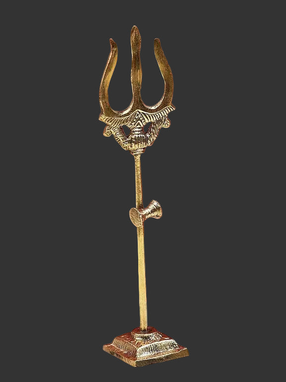 Brass small trishul on square base with trident top and detailed center prong