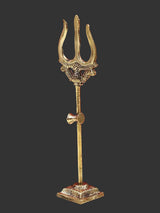 Brass small trishul with trident crown and cross charm on slender staff