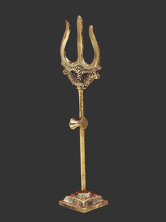 Brass small trishul with trident crown and cross charm on slender staff