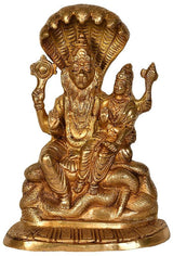 Brass Lord Narasimha with Goddess Lakshmi seated on sheshanag figurine, 12 inches