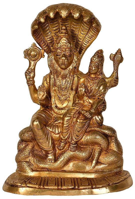 Brass Lord Narasimha with Goddess Lakshmi seated on sheshanag figurine, 12 inches