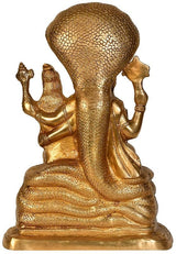 Brass Lord Narasimha and Lakshmi seated figurine, sheshanag base, rear view