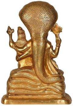 Brass Lord Narasimha and Lakshmi seated figurine, sheshanag base, rear view