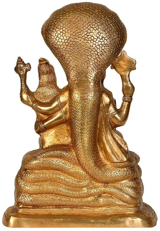 Brass Lord Narasimha with Goddess Lakshmi seated on sheshanag (Height: 12 Inches)