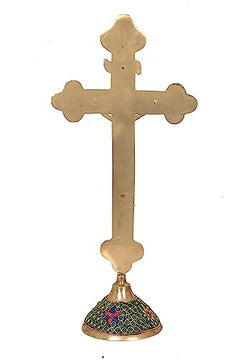 Brass Jesus Christ cross statue with raised figure and decorative mosaic base