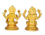 Brass Ganesha & Lakshmi murti pair, rear view, circular halos and tiered skirts