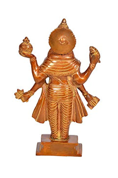 Golden brass Dhanvantri idol back view, urn and arm details on square base