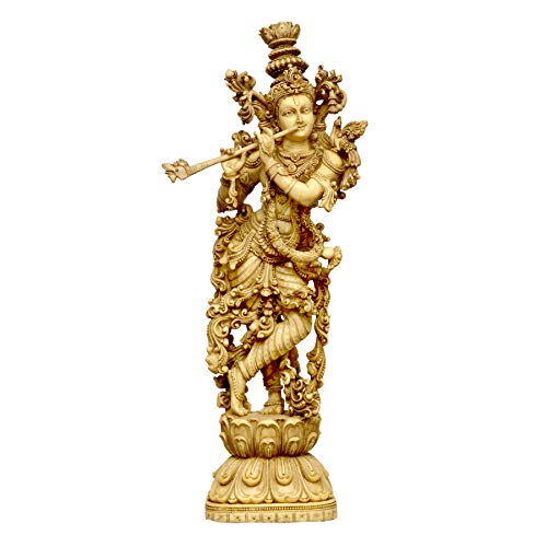 Krishna resin statue, gold-tone standing with flute and ornate crown